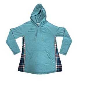 LOGO Lounge Lori Goldstein Teal Green Plaid Side Panel Hoodie Top Tunic Size XS